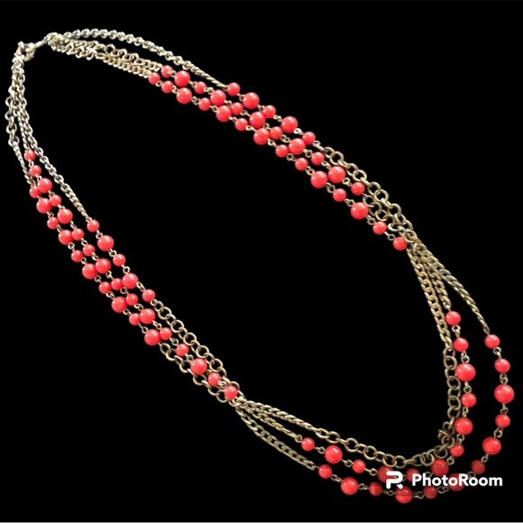J CREW Long 3-Strand Beaded Poppy Red & Antique Gold Toned Necklace - Picture 2 of 10